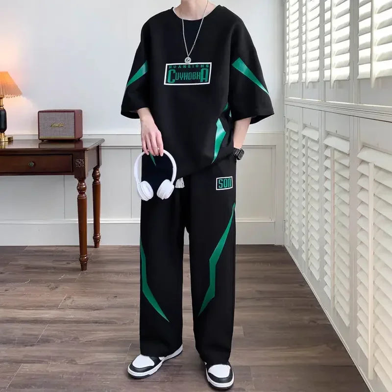 Male T Shirt Trousers Sets Smooth Sports Suits Alphabet Men's Pants Set Two-piece Outfits Xl Offer Korean Style Stylish Casual