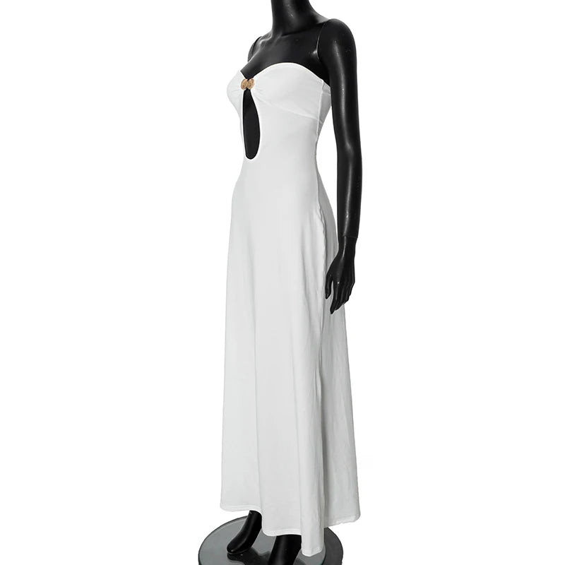 CUTENOVA Sexy Strapless Cut Out Bodycon Maxi Dress Women Off Shoulder Backless Solid White Sundress  Summer Beach Y2K Clothe