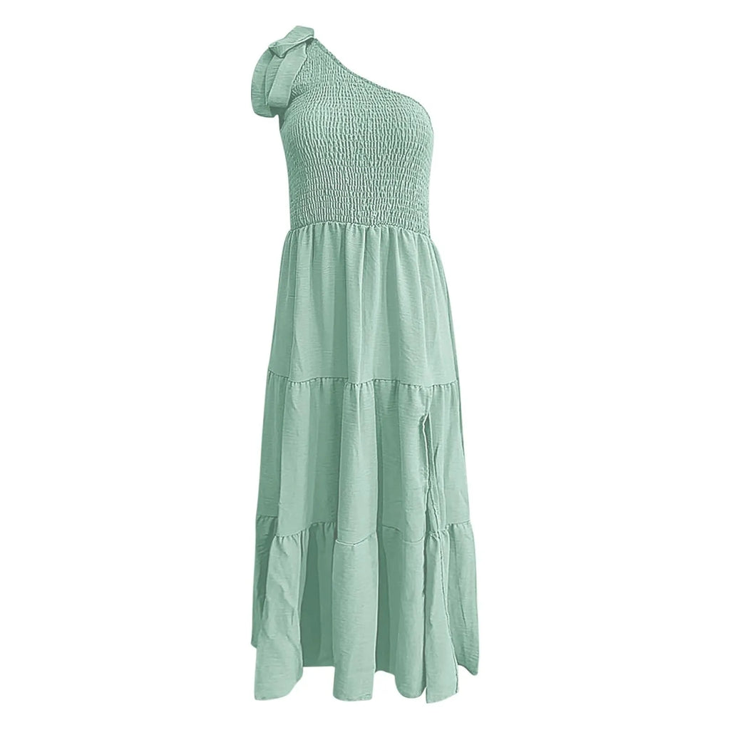 Elegant Dresses For Women Women'S Summer Casual One Shoulder Sleeveless Smocked Elastic Waist Tiered Midi Dress платье