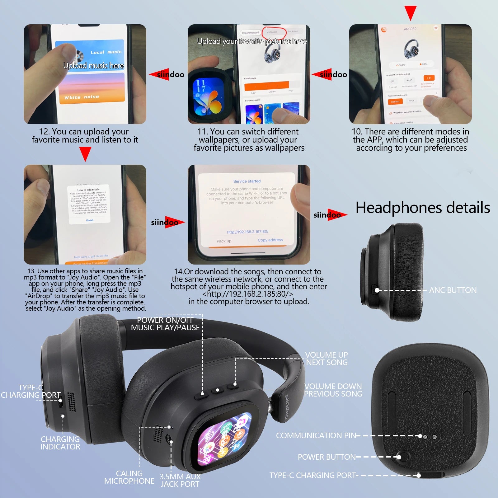 Siindoo JH-ANC930Plus Hybrid Wireless Headphone, Active Noise Cancelling Headphones With Multi Magnetic Touch Control LED Screen