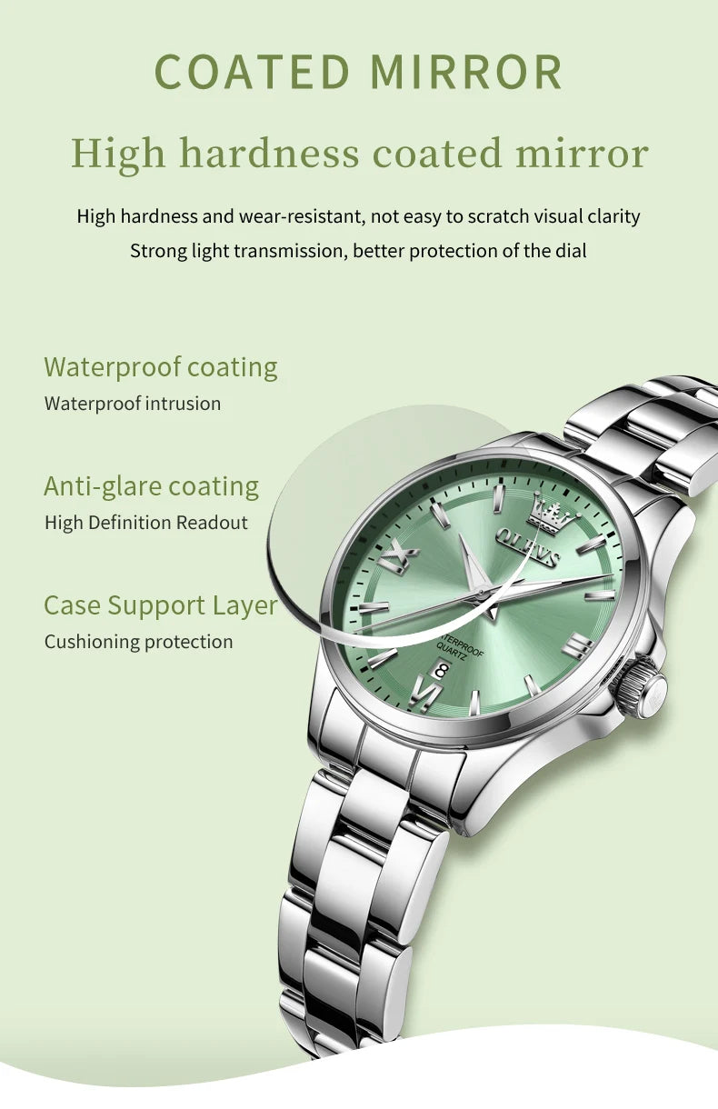 OLEVS 3668 Original Womens Quartz Watch Solid Stainless Steel Waterproof Calendar Ladies Watch Fashion Simple Elegant Wristwatch