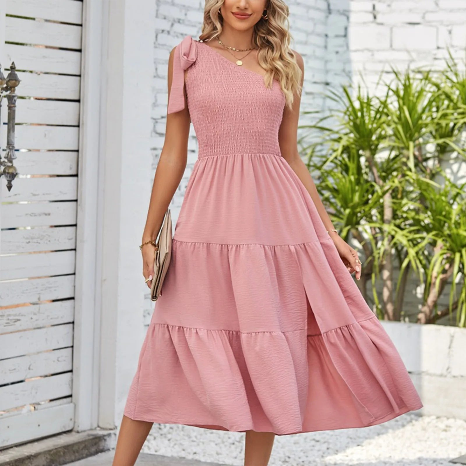 Elegant Dresses For Women Women'S Summer Casual One Shoulder Sleeveless Smocked Elastic Waist Tiered Midi Dress платье