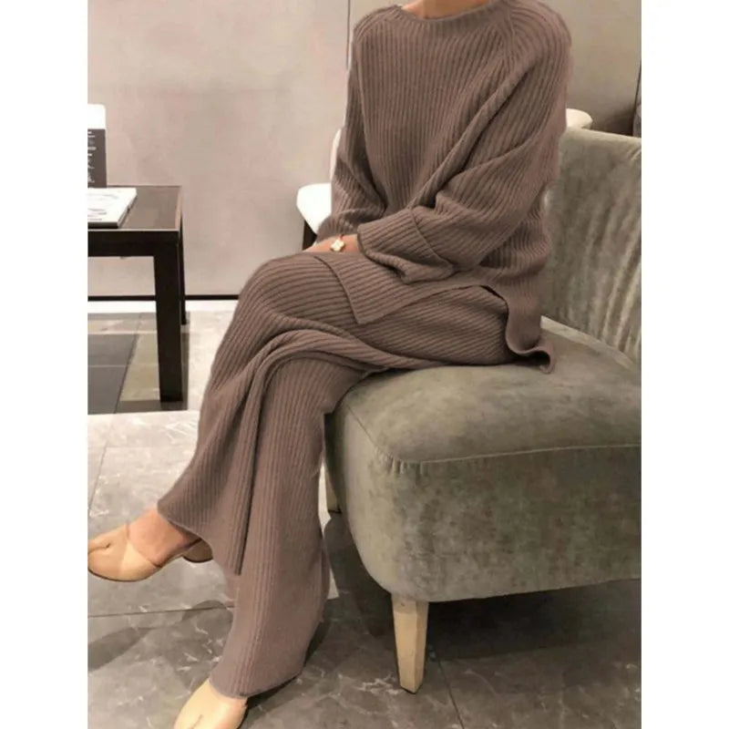 2025 New Women Elegant Sweater Suit Elegant Knitted 2-Pieces Set Spring Autumn Pullover And Trousers Suit Thin Female Outfits