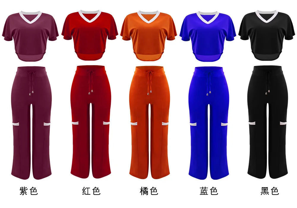 Elegant Women Suit Casual V Neck Short Sleeve T-shirt And Pants Two Piece Sets Summer Fashion Solid Sports Outfit Female