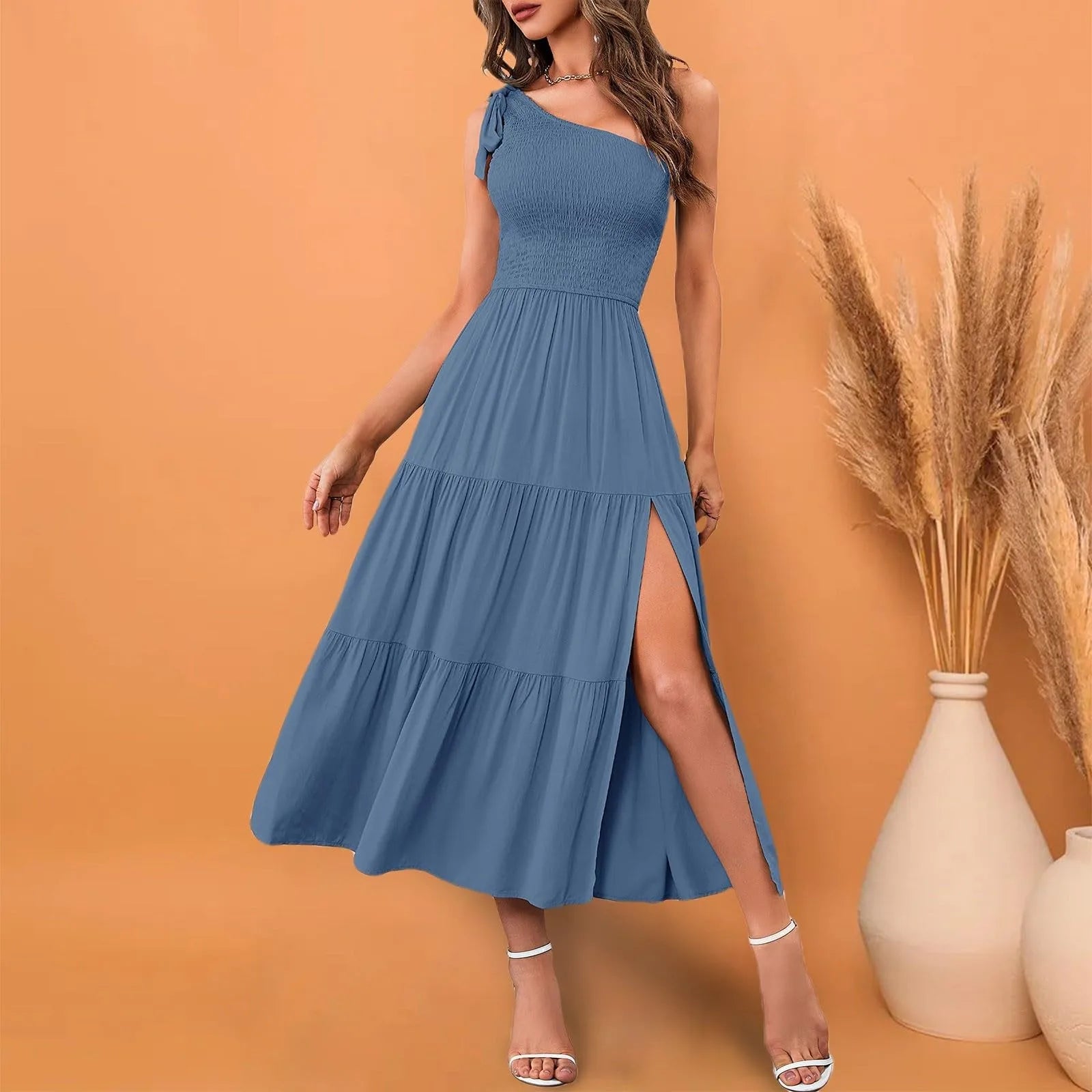 Elegant Dresses For Women Women'S Summer Casual One Shoulder Sleeveless Smocked Elastic Waist Tiered Midi Dress платье