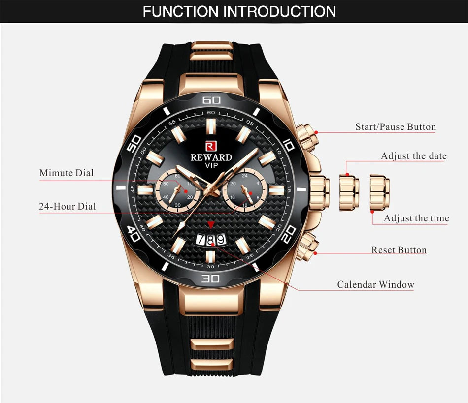 REWARD 83006 Fashion Large Dial Watch Men's Top Brand Luxury Chronograph Calendar Silicone Sports Quartz Watches for Man Reloj