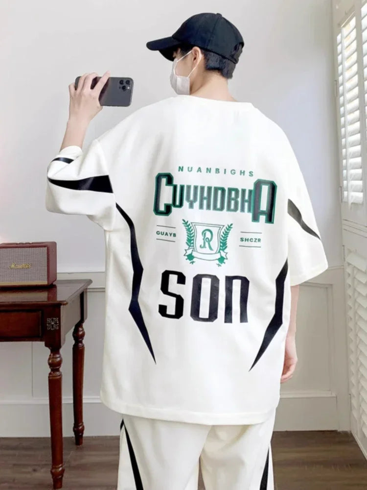 Male T Shirt Trousers Sets Smooth Sports Suits Alphabet Men's Pants Set Two-piece Outfits Xl Offer Korean Style Stylish Casual