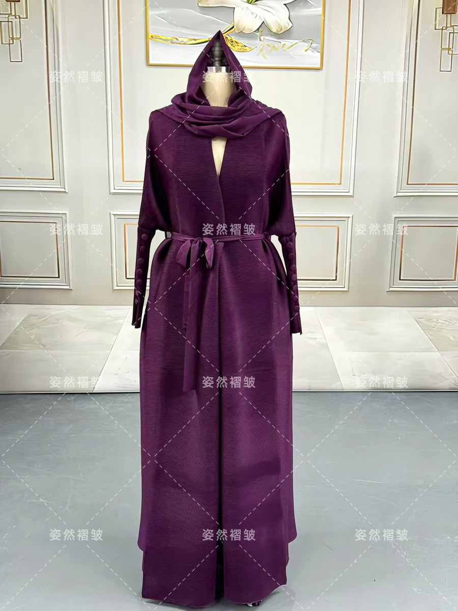 Dubai Prom Pleated Thin Long Coat For Women Elegant Casual Luxury Evening Party Pleated Chiffon Robe Plus Size Female Fashion