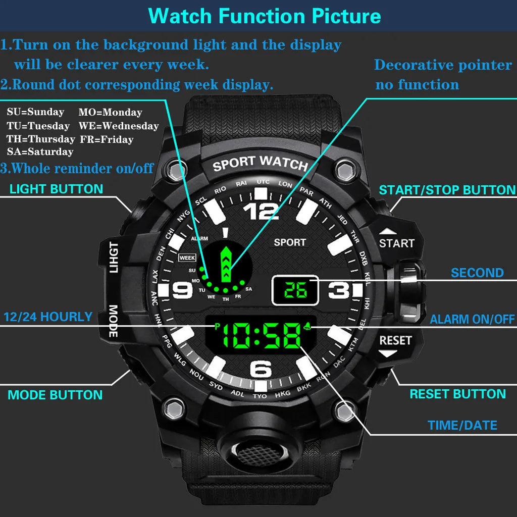 Fashion Men's Watch Sports Electronic Wristwatch Large dial Multifunctional Waterproof Luminous Alarm Kids Male's Military Watch