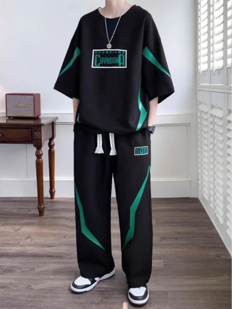 Male T Shirt Trousers Sets Smooth Sports Suits Alphabet Men's Pants Set Two-piece Outfits Xl Offer Korean Style Stylish Casual