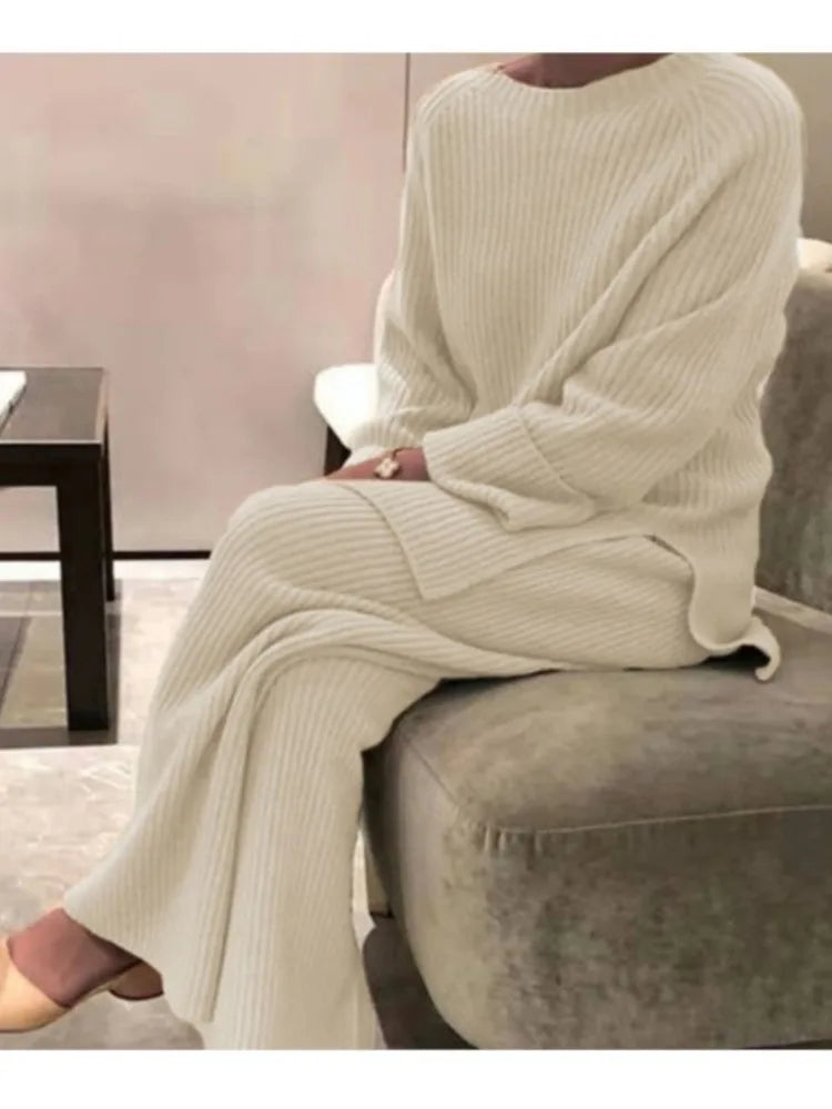 2025 New Women Elegant Sweater Suit Elegant Knitted 2-Pieces Set Spring Autumn Pullover And Trousers Suit Thin Female Outfits