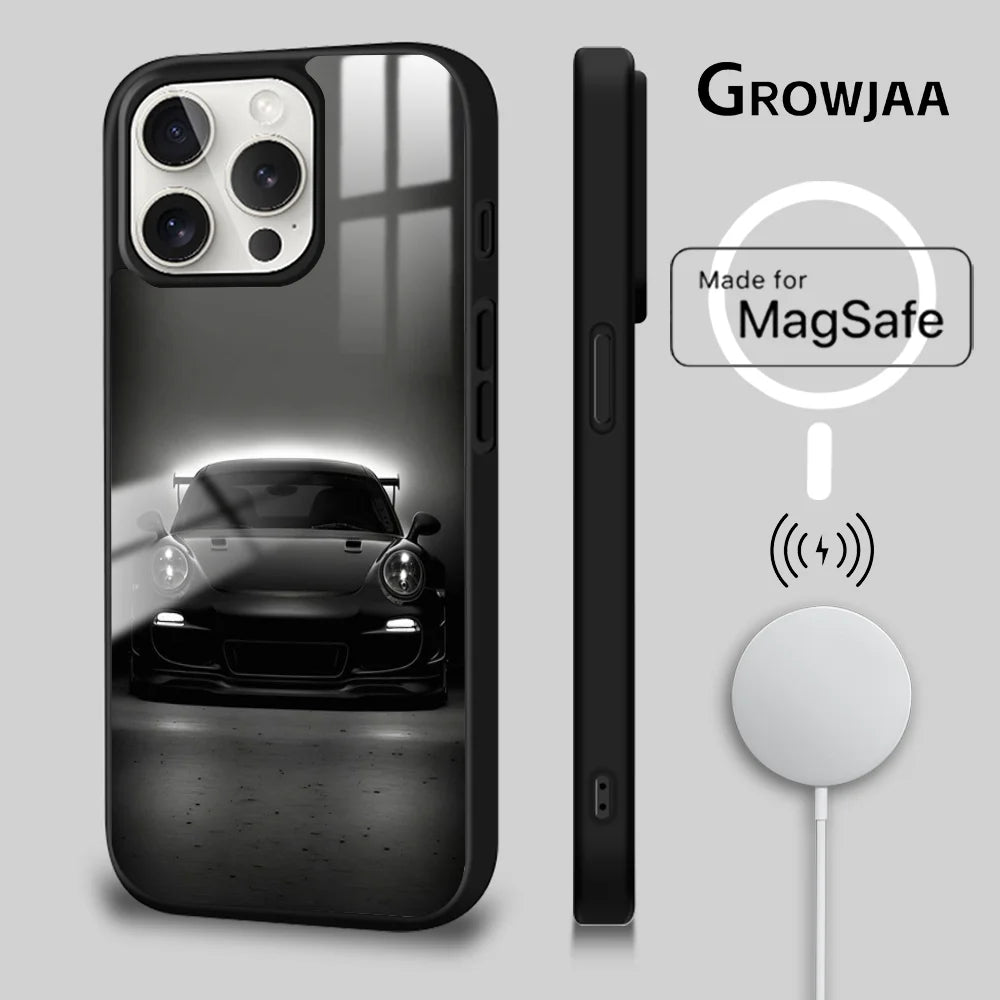 911 Supercar Luxury Cool Phone Case For iPhone 16 15 14 13 12 11 Pro Max Plus Mini New Magsafe Mirror Wireless Magnetic CoverFun