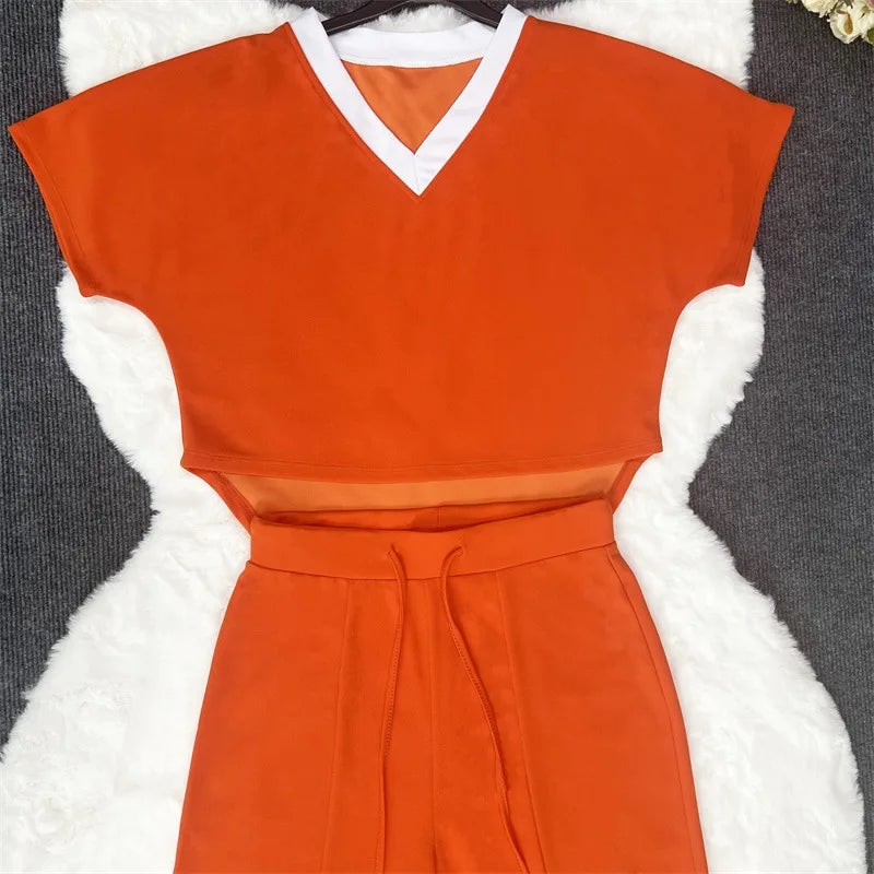 Elegant Women Suit Casual V Neck Short Sleeve T-shirt And Pants Two Piece Sets Summer Fashion Solid Sports Outfit Female