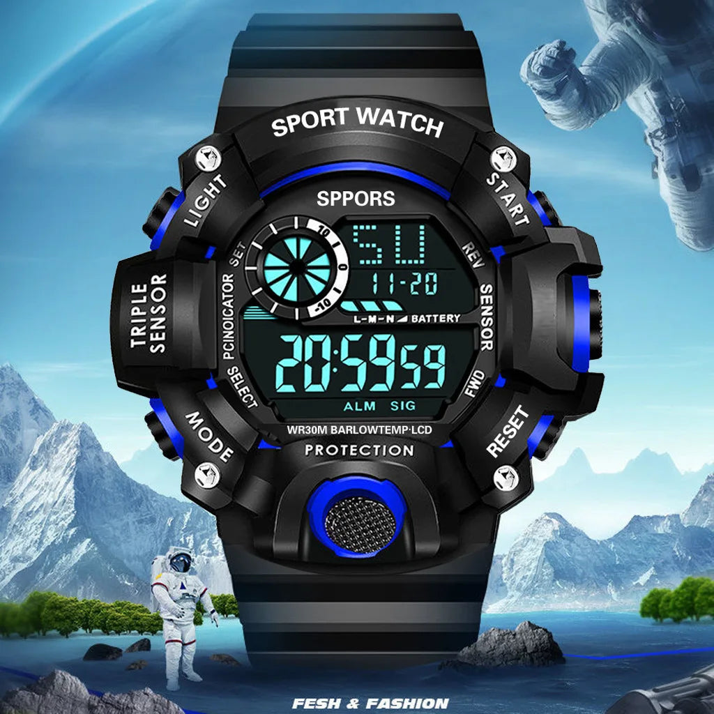 Fashion Men's Watch Sports Electronic Wristwatch Large dial Multifunctional Waterproof Luminous Alarm Kids Male's Military Watch