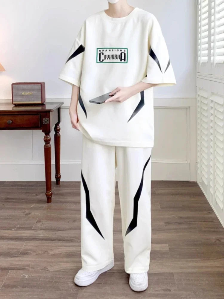 Male T Shirt Trousers Sets Smooth Sports Suits Alphabet Men's Pants Set Two-piece Outfits Xl Offer Korean Style Stylish Casual
