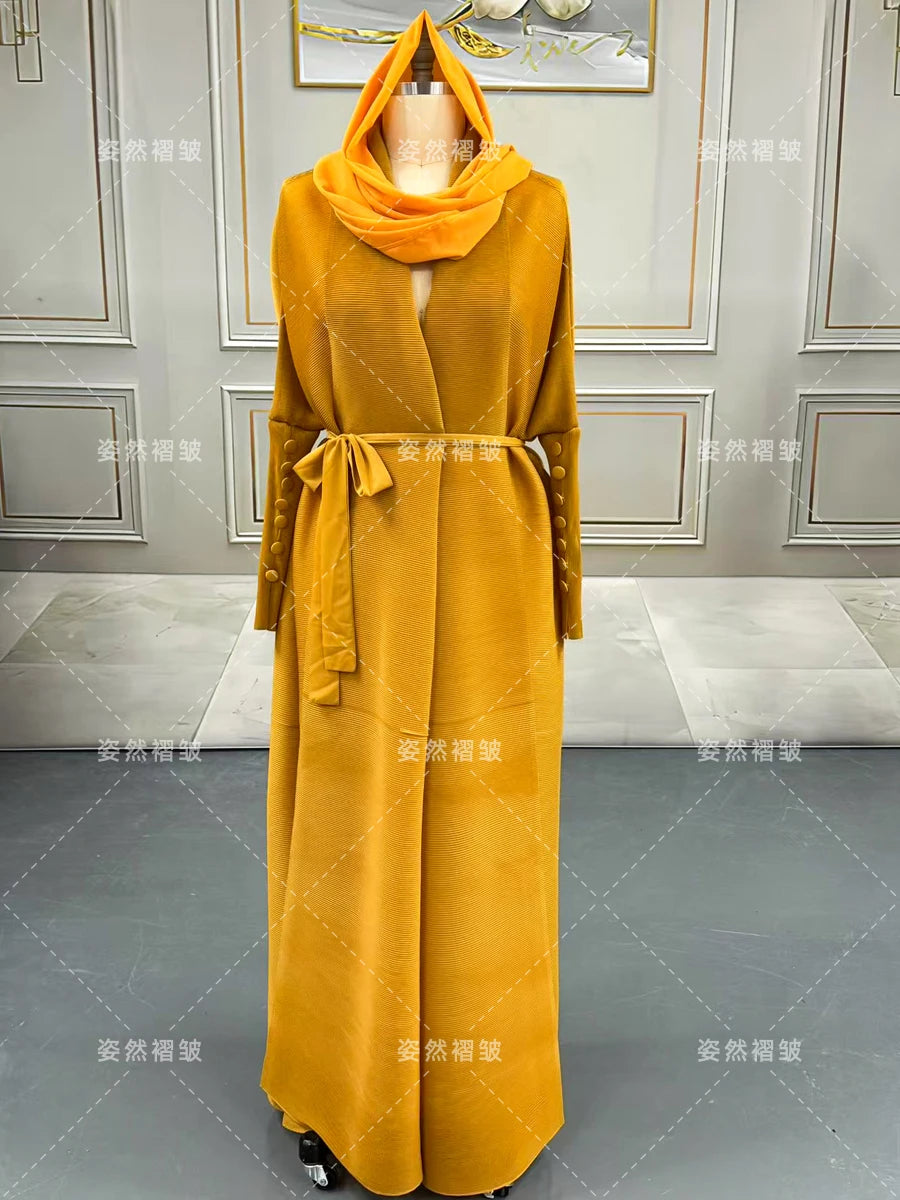 Dubai Prom Pleated Thin Long Coat For Women Elegant Casual Luxury Evening Party Pleated Chiffon Robe Plus Size Female Fashion