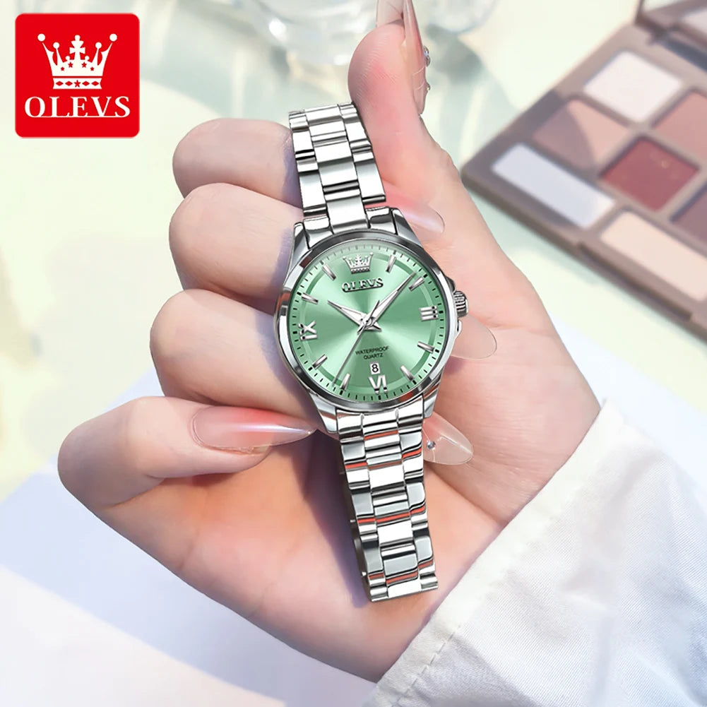 OLEVS 3668 Original Womens Quartz Watch Solid Stainless Steel Waterproof Calendar Ladies Watch Fashion Simple Elegant Wristwatch