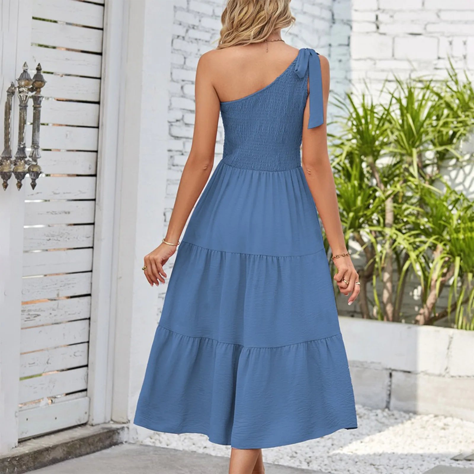 Elegant Dresses For Women Women'S Summer Casual One Shoulder Sleeveless Smocked Elastic Waist Tiered Midi Dress платье