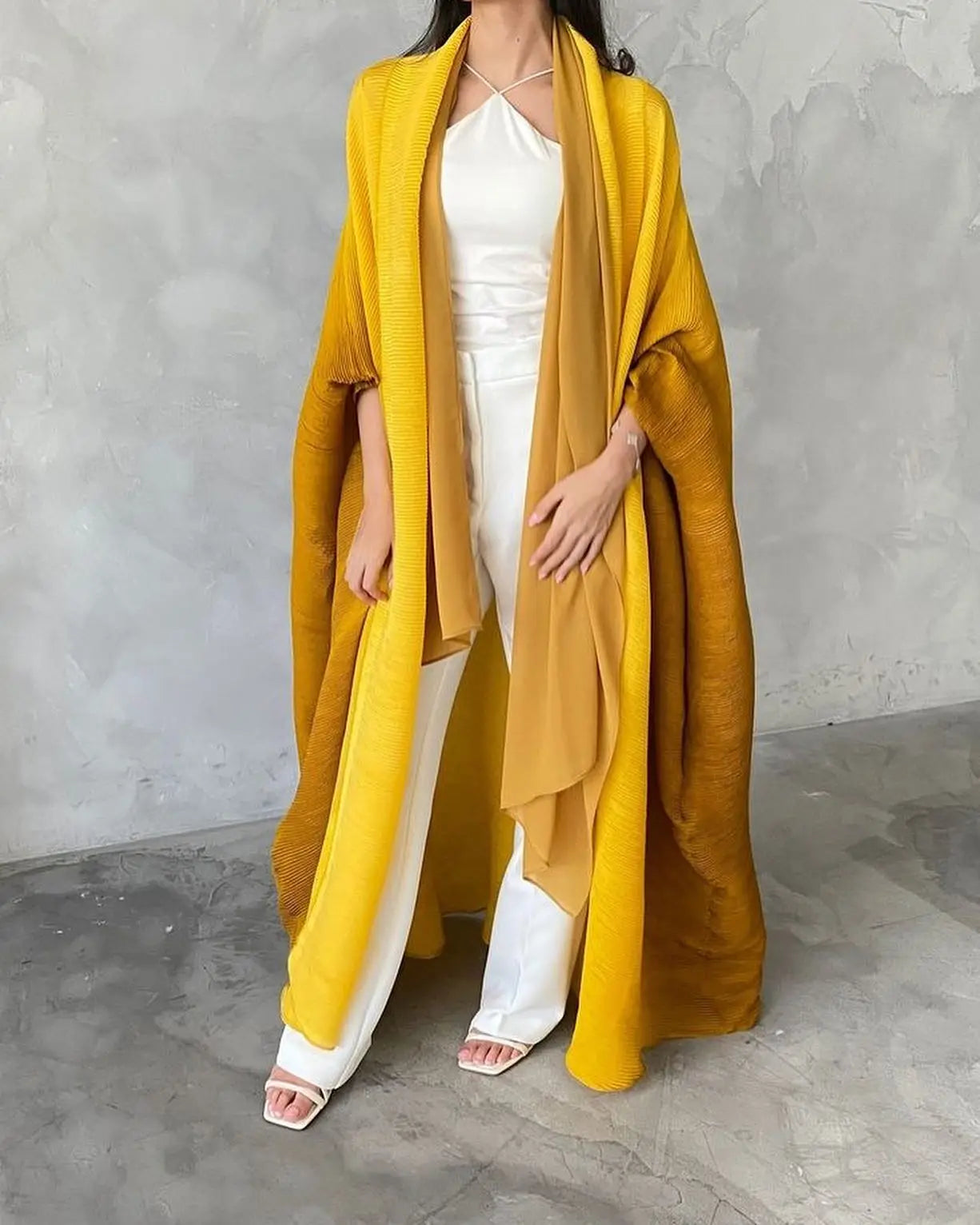 Dubai Prom Pleated Thin Long Coat For Women Elegant Casual Luxury Evening Party Pleated Chiffon Robe Plus Size Female Fashion