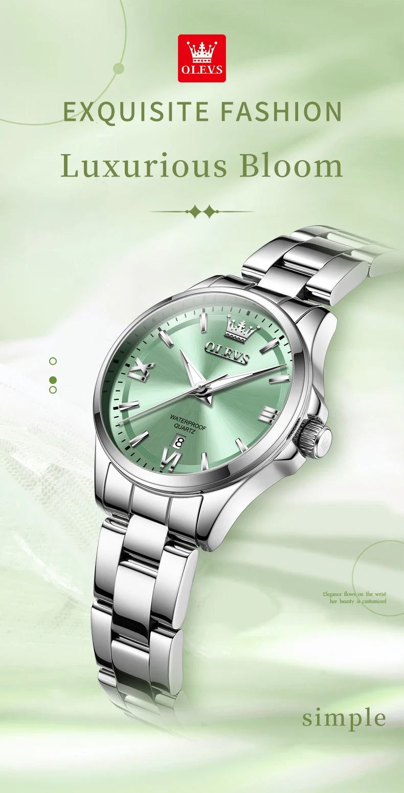 OLEVS 3668 Original Womens Quartz Watch Solid Stainless Steel Waterproof Calendar Ladies Watch Fashion Simple Elegant Wristwatch