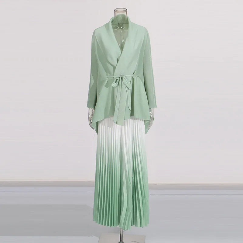 Fashion casual style 2 piece set outfits for women matching sets 2025 new cape shawl style lace up top+pleated skirt maxi dress