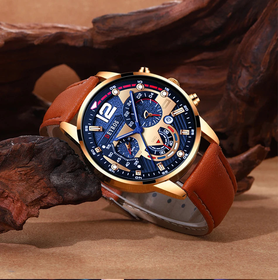 2PCS Set Fashion Mens Calendar Watches Luxury Male Business Casual Brown Leather Quartz Watch Men Bracelet Wrist Watch