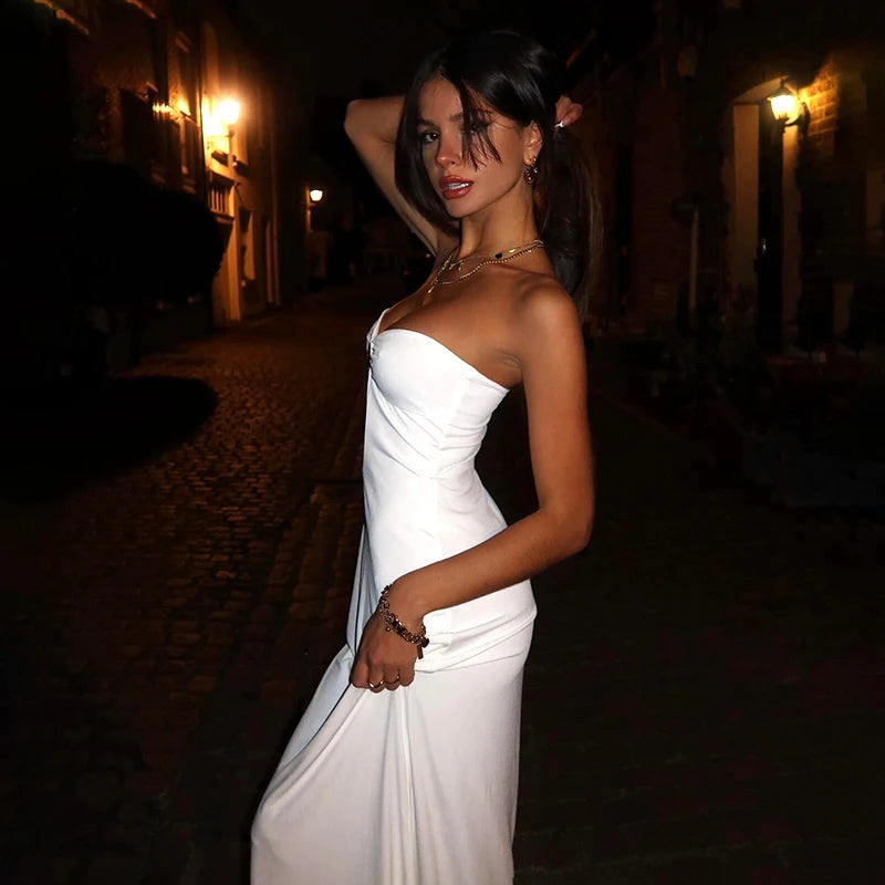 CUTENOVA Sexy Strapless Cut Out Bodycon Maxi Dress Women Off Shoulder Backless Solid White Sundress  Summer Beach Y2K Clothe