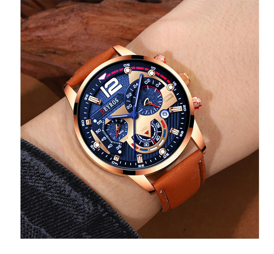 2PCS Set Fashion Mens Calendar Watches Luxury Male Business Casual Brown Leather Quartz Watch Men Bracelet Wrist Watch