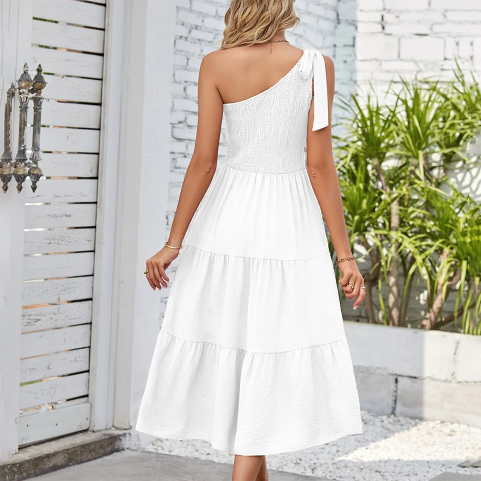 Elegant Dresses For Women Women'S Summer Casual One Shoulder Sleeveless Smocked Elastic Waist Tiered Midi Dress платье