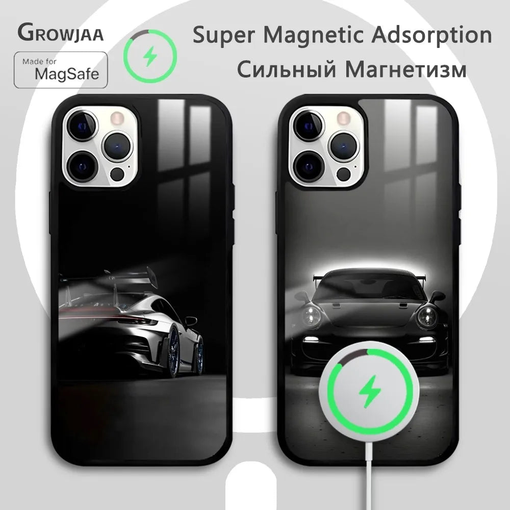911 Supercar Luxury Cool Phone Case For iPhone 16 15 14 13 12 11 Pro Max Plus Mini New Magsafe Mirror Wireless Magnetic CoverFun