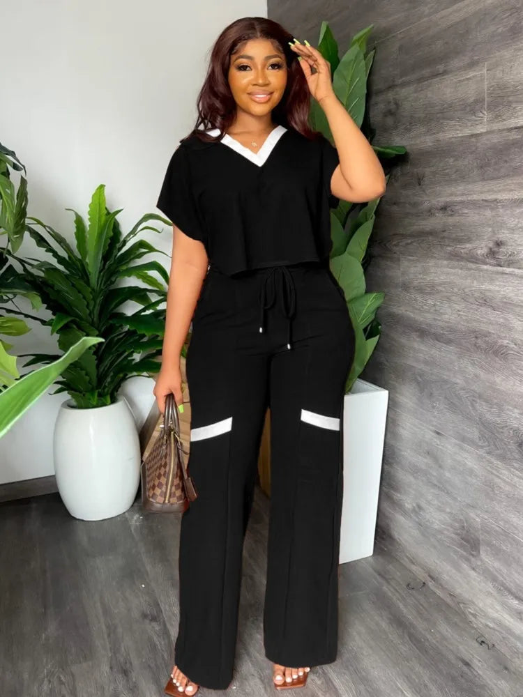 Elegant Women Suit Casual V Neck Short Sleeve T-shirt And Pants Two Piece Sets Summer Fashion Solid Sports Outfit Female