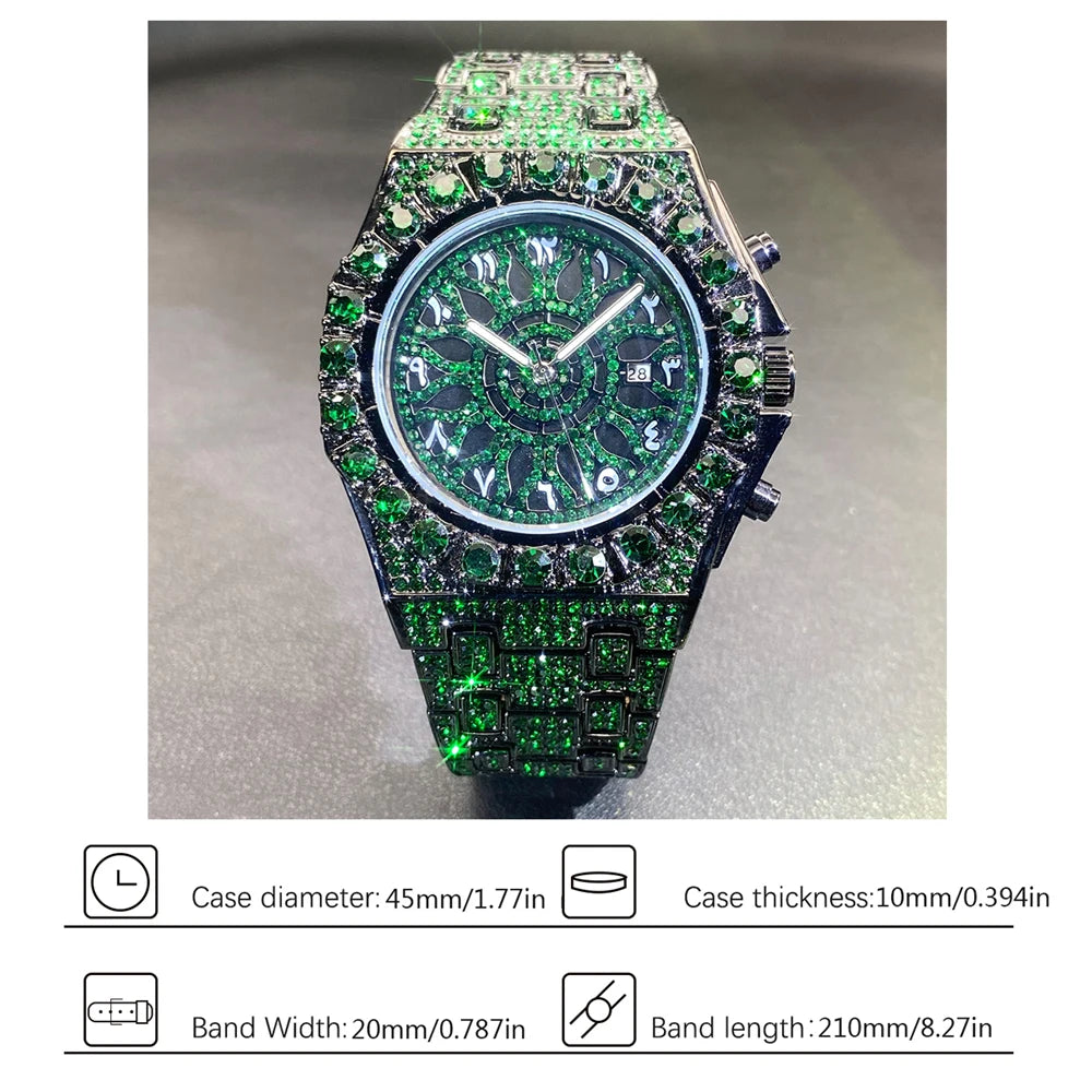 Hip Hop Green Diamond Watche For Men Fashion Automatic Date Quartz Clock Dress Square Iced Jewelry WristWatch Man For Gift