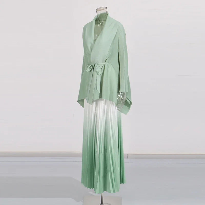 Fashion casual style 2 piece set outfits for women matching sets 2025 new cape shawl style lace up top+pleated skirt maxi dress