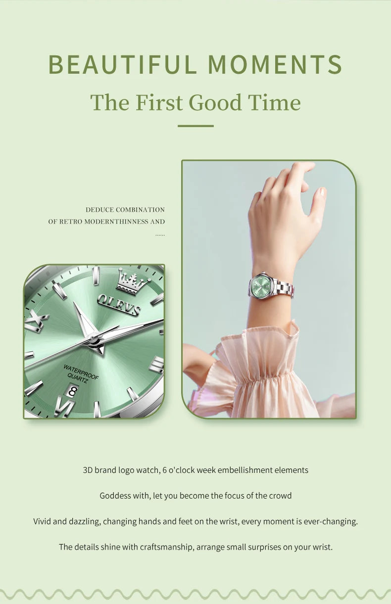 OLEVS 3668 Original Womens Quartz Watch Solid Stainless Steel Waterproof Calendar Ladies Watch Fashion Simple Elegant Wristwatch