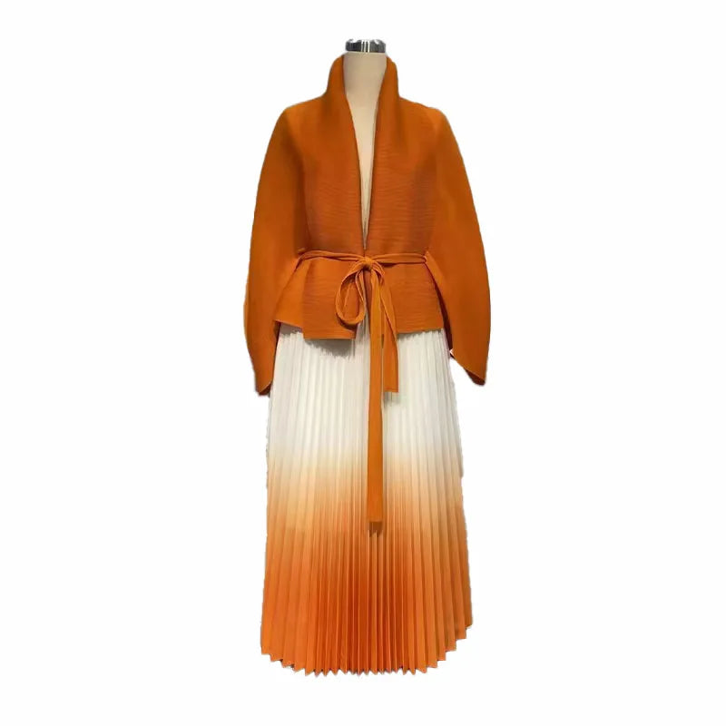 Fashion casual style 2 piece set outfits for women matching sets 2025 new cape shawl style lace up top+pleated skirt maxi dress