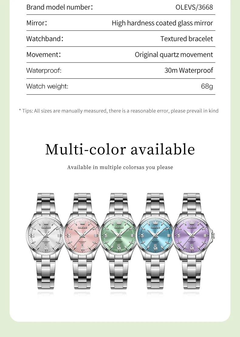 OLEVS 3668 Original Womens Quartz Watch Solid Stainless Steel Waterproof Calendar Ladies Watch Fashion Simple Elegant Wristwatch