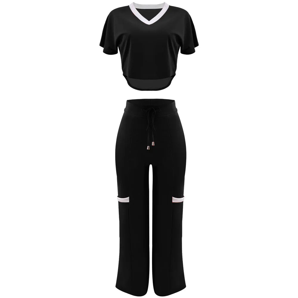 Elegant Women Suit Casual V Neck Short Sleeve T-shirt And Pants Two Piece Sets Summer Fashion Solid Sports Outfit Female