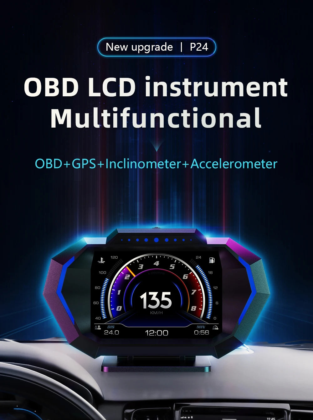 AD Digital Car LCD HUD GPS OBD2 Head Up Display Slope Meter Speed Alarm KM/H MPH Speedometer Tachometer Water Temp Boost Gauge