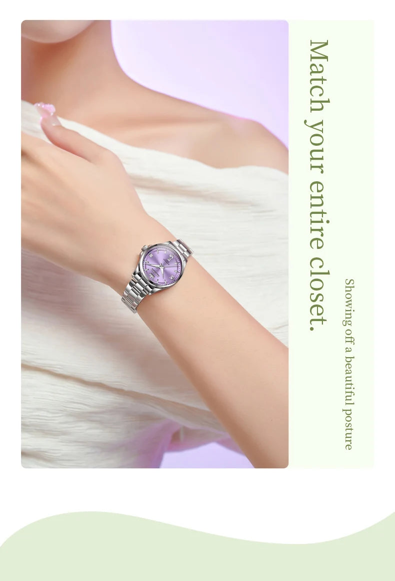 OLEVS 3668 Original Womens Quartz Watch Solid Stainless Steel Waterproof Calendar Ladies Watch Fashion Simple Elegant Wristwatch