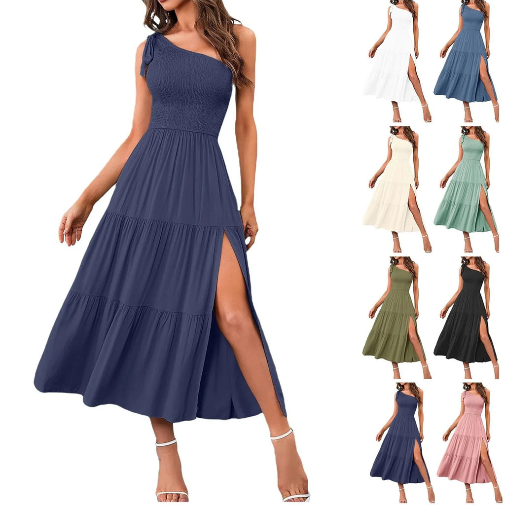 Elegant Dresses For Women Women'S Summer Casual One Shoulder Sleeveless Smocked Elastic Waist Tiered Midi Dress платье